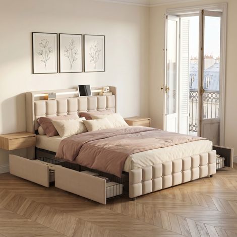 Lit 180x200 avec sommier et rangement, LED et USB, Lit 2 personnes avec 4 Tiroirs et Tete, Cadre de lit rembourré, Beige