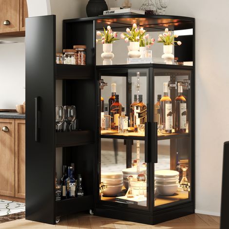 Vitrine 64x42x112 cm avec LED multicolore, verre trempé double face, meuble latéral coulissant, effet miroir, meuble noir pour salon et cuisine (1/5)