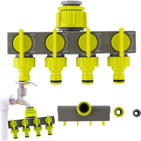 Distributeur Arrosage 4 Voies, Diviseur de Tuyau, Avec Interrupteur de Commande, Les Travaux D'écoulement D'eau à 4 ou 1 Voies Peuvent être Effectués en Même Temp (Vert) (1/5)
