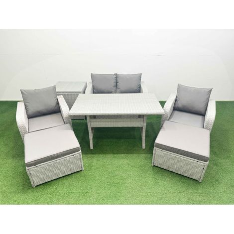 Fimous Light Grey PE Wicker Rattan Garden Furniture Set Sofa Set Reclining Chair Rectangular Dining Table 6 Seater 2 Big Stools Side Table (1/4)