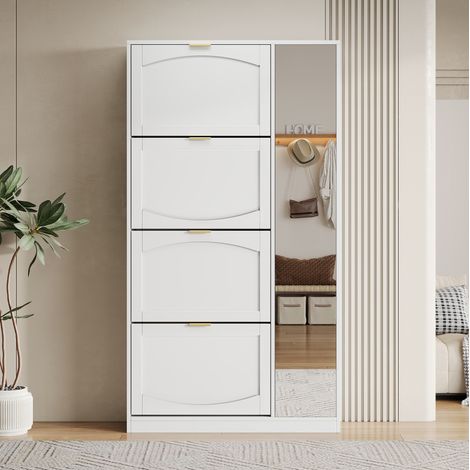 Scarpiera con specchio bianco, 4 scomparti ribaltabili, 80x24x147 cm - OKMYHOME (1/5)