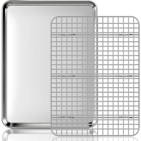 Backblech mit Kühlgitter: Ein Set aus Edelstahl-Backblechen und -Gitterrosten, geeignet zum Braten, Kochen und Grillen, 40,5 x 30,5 x 2,5 cm