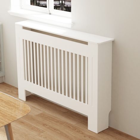 Unho – Cache radiateur moderne blanc – Dimensions extérieures 111 x 19 x 101 cm – MDF robuste avec lattes verticales – Pour salon et chambre