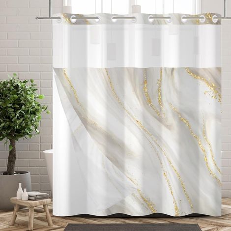 Rideau de Douche sans Crochets avec Doublure à Pression, Double Couche, Luxueux, Gris et Or Effet marbre, décoratif pour Salle de Bain, avec fenêtre Transparente en Haut, 183x198cm (1/5)