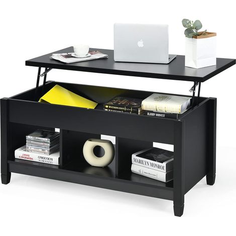 COSTWAY Mesa de Centro Mesa Baja de Madera con Superficie Elevable Mesita de Sofá con Almacenamiento Escondido (Negro)