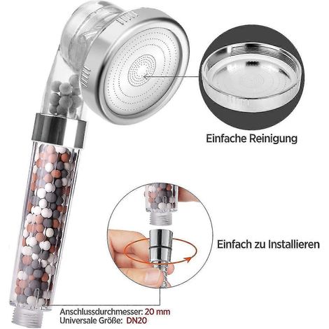 Pommeau de douche anticalcaire avec flexible haute pression à économie d'eau et système de filtration ionique (3 filtres + flexible) (1/5)