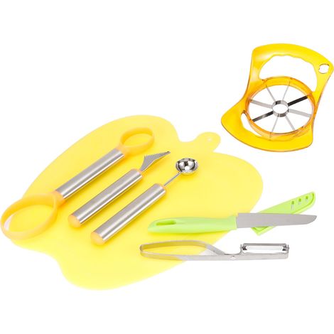 Ensemble de 7 ustensiles de cuisine en acier inoxydable pour fruits, comprenant un séparateur de pommes, un couteau et d'autres outils de découpe. (1/5)