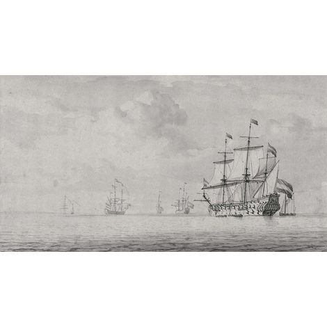 Papier peint panoramique mer gris pour salon Tapisserie panoramique océan avec bateau pour salle de bain Papier peint panoramique maritime chambre (1/2)