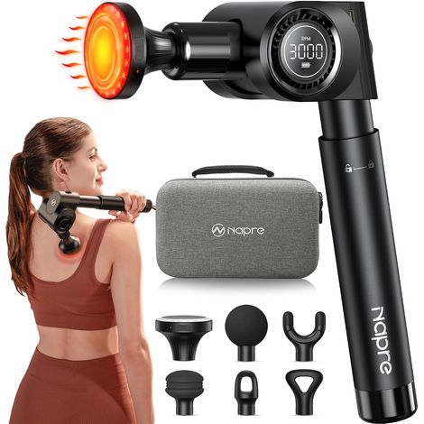 Pistolet de Massage Musculaire,Pistolet de Massage avec Chaleur et Lumière Rouge,Appareil de Massage Masseur de Muscle Profonds,32 Vitesses Dos Massage Gun,Pliable et 5 Angles,Poignée Extensible (1/5)