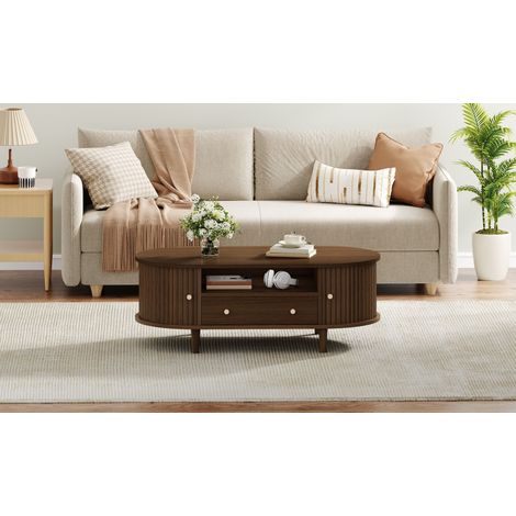 100 x 50 x 36 cm – Table de salon en bois de noyer. Table à café avec des tiroirs et un espace de rangement ouvert. Table basse avec porte mobile. Tablettes pour les accoudoirs. Table de salon dotée d (1/5)