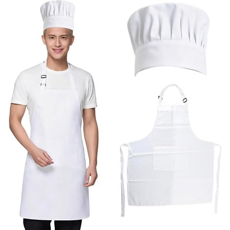 Ensemble Chapeau de Chef et Tablier pour Adultes, Tablier de Cuisinier avec 1 Poches, Chapeau de Chef Blanc, Costume de Cuisinier pour Cuisine Restaurant Hôtel (1/5)