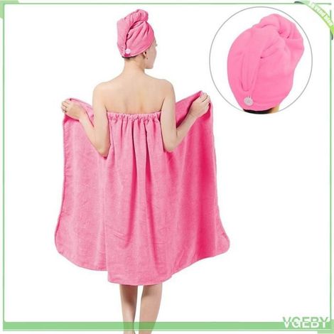 Serviette enveloppe - FAFEICY - Ensemble serviette + bonnet - Rose rouge - 90x150 cm - Polyester (1/5)