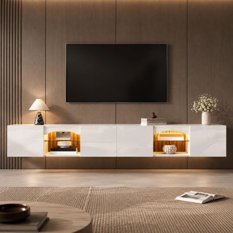 Meuble TV suspendu, Banc TV mural avec éclairage LED et contrôle par application, 200x30x28 cm, 4 portes et étagères en verre, Blanc brillant (1/5)