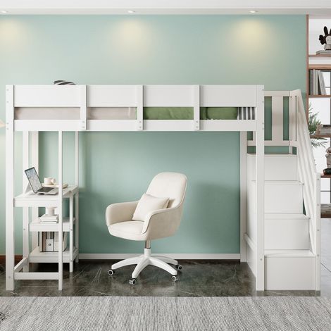 Lit adulte rangement 90 par 200 bois blanc mezzanine OKMYHOME (1/5)