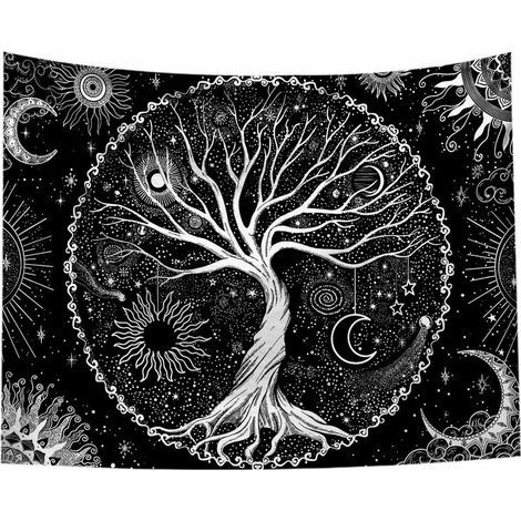 Arbre de Vie Tapisserie Lune et Soleil Noir Tenture Murale Tapisserie Psychédélique Mandala Étoilé Tapisserie Murale Hippie Décoration Murale pour Chambre Dortoir Fête (150x200cm) (1/4)