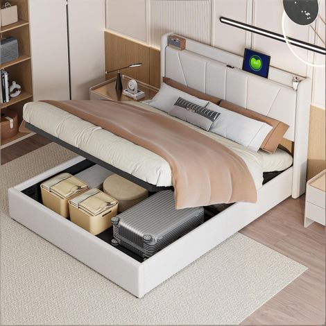 Lit capitonné 140×200 cm avec rangement, ports de chargement USB, Cadre de lit, lit coffre lit adulte lit ado,moderne, Lin Beige (1/5)