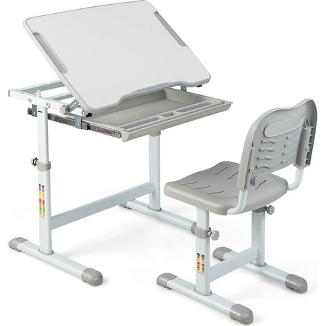 COSTWAY Height Adjustable Kids Study Table and Chair Set with Tilting Tabletop-Grey (1/5)