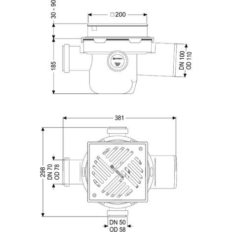 Corps de base : Universal DN 100, grille en acier inoxydable, protection anti-refoulement