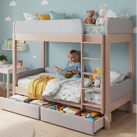 REDOM - Letto a castello 90x200 cm con 2 cassetti, scaletta dritta a 4 gradini, bordi antiurto, legno e tessuto grigio (materasso non incluso) (1/5)