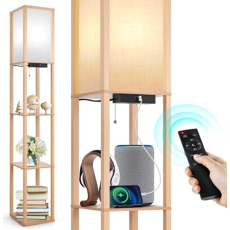 Floor Lamp with Shelves, Dimmable LED, Remote Control, Wood 1 USB port, 1 Type-C port, 4 color temperatures, timer, living room, bedroom, office (1/5)