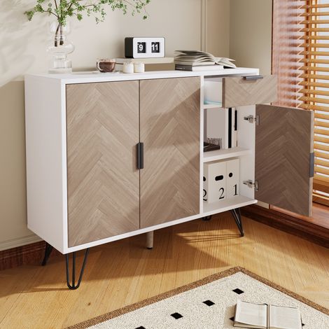 DESMIU Buffet et Enfilade 1 Tiroir 3 Portes avec Étagères Réglables, Poignées et Pieds Métal, pour Salon, Blanc et Bois, 90 × 30 × 71,5 cm (1/5)