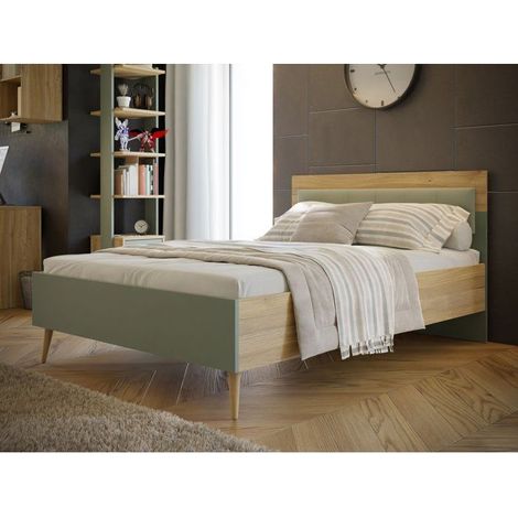 Lit double adulte WHENUA - 140 x 200 cm - Tete de lit en tissu - Vert Sauge / Chene (1/5)