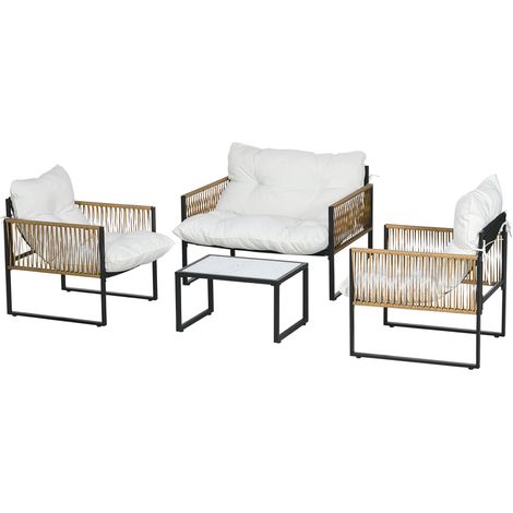 Ensemble salon de jardin 4 pièces canapé 2 places 2 fauteuils et 1 table basse plateau verre trempé 3 coussins - crème