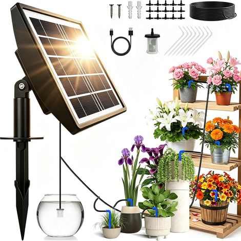 Système D'arrosage Solaire, Arrosage Goutte a Goutte Automatique Pour Jardin Avec Tuyau De 15 M, Pour 15 Pots, Alarme Automatique, Arroser Les Plantes, Pour Le Jardin, Le Balcon (1/5)