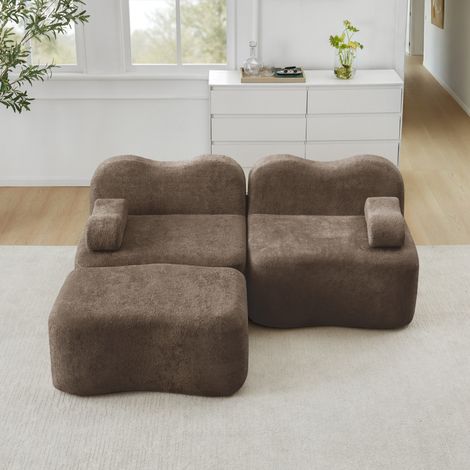 Sofá modular de 2 plazas de terciopelo, en L con otomana, marrón, 192 x 167 x 70 cm (1/5)