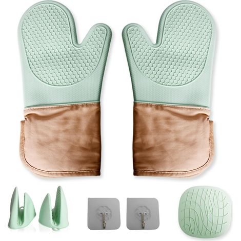 1 Paire Gants de Four Isolants, Gants de Cuisine en Silicone et Coton, Paire de Pinces à Deux Doigts, 1 Manique en Silicone Antidérapante Incluse, Ensemble de Cuisson Anti-Brûlure, Vert (1/5)