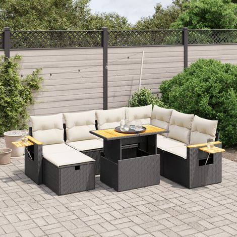 Ensemble jardin 8 places résine tressée noir avec coussins crème - Table extensible acacia et rangements intégrés (1/4)