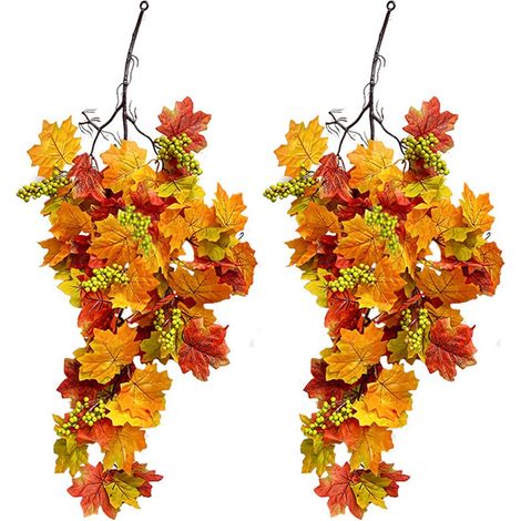 Lot de 2 guirlandes de feuilles d'érable d'automne, 80 cm, décoration d'intérieur, pour Thanksgiving, artificielles, à suspendre (A) (1/5)