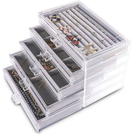 Boîte à bijoux extra large en acrylique pour femme 5 couches Organiseur de bijoux en velours transparent Avec 5 tiroirs Présentoir pour bagues colliers Pour femmes et filles (gris)