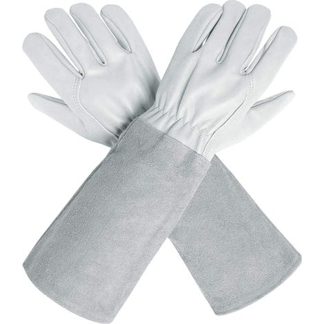 Gants de Jardinage en Cuir Respirant pour Homme et Femme avec Gant Anti-épine, Manches Longues en Cuir de Vache pour Jardinier et Fermier, Blanc-L (1/5)