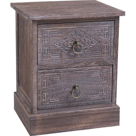 Idimex – Table de chevet en bois paulownia brun – 2 tiroirs avec gravures ethniques – Dimensions 43x35x30 cm – Design vintage (1/3)