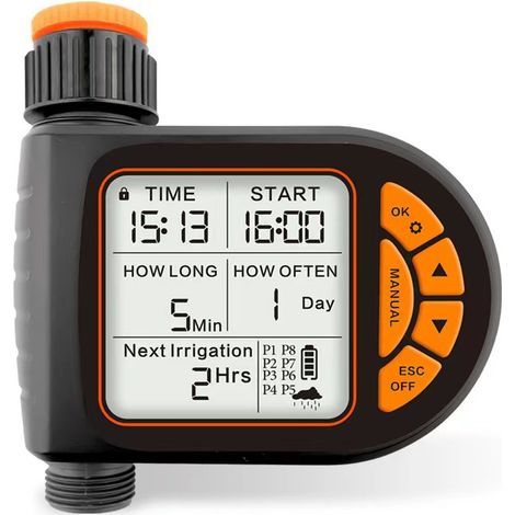 Minuteur d'arrosage automatique avec retard de pluie, minuterie de tuyau programmable pour irrigation de jardin, affichage numérique étanche (1/5)