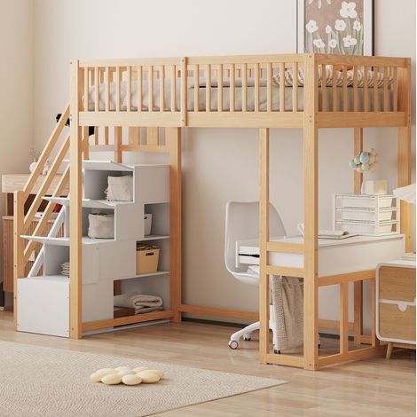 Letto a soppalco bambini 90x200 cm con scrivania e ripiani, bianco, legno, senza materasso (1/5)
