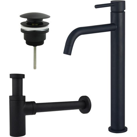FugaFlow Eccelente Sobrado Slim Slim Kit mitigeur lavabo - robinet rehaussé - bonde clic clac - siphon design - Noir mat (1/4)