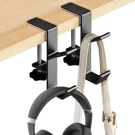DigitalLAB-Lot de 2 crochets métalliques pour casque audio - Support de casque à double crochet - Support universel en aluminium pour casque gaming, à fixer sous un bureau - Crochet de casque antidéra (1/5)