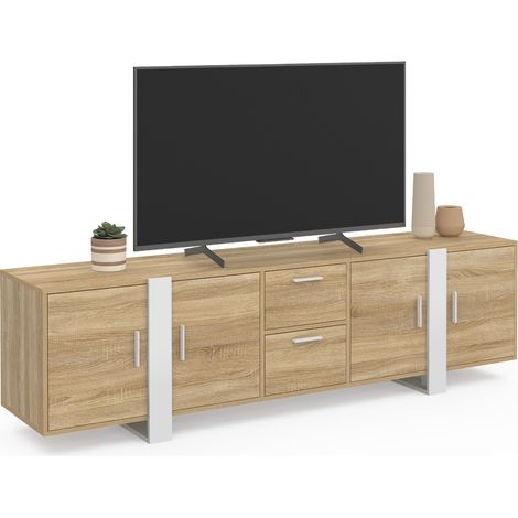 Idmarket – Meuble TV 180 cm avec 4 portes et 2 tiroirs – Structure en panneaux de particules – Pieds massifs blancs – Trous passe câbles intégrés (1/5)