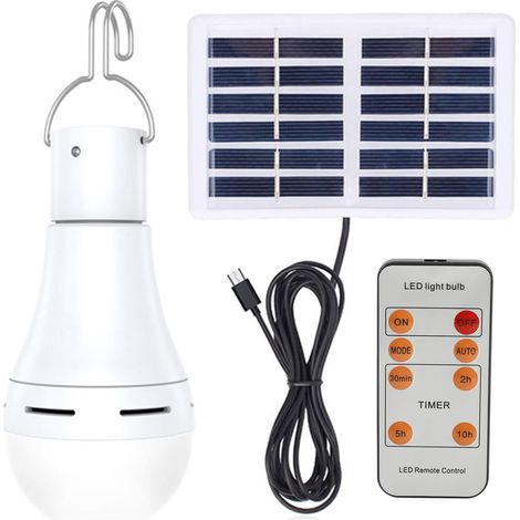 Ampoule LED solaire pour intérieur et extérieur, lampe de secours portable pour le camping avec télécommande, modes réglables et minuterie, étanche IP65.