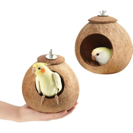 Casita para pájaros de cáscara de coco natural，Paquete de 2，Lugar para esconderse y anidar en jaulas de pájaros，Adecuado para periquitos (1/3)