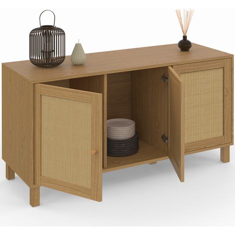 Idmarket – Buffet bas vintage 113 cm – 3 portes en cannage naturel – Structure en panneaux de particules – Pieds en bois de pin (1/5)
