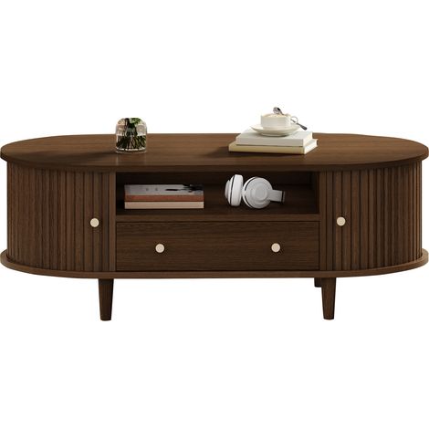 Table basse de salon 100 x 50 x 36 cm, finition noyer, avec tiroir et espace de rangement ouvert, porte coulissante, table d’appoint, table de salon avec 4 pieds de support (1/5)