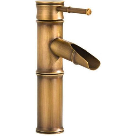 Robinet Cascade de Salle de Bain Mitigeur de Lavabo Cuisine Rétro Forme de Bambou Eau Chaude et Froide Réglable Bronze
