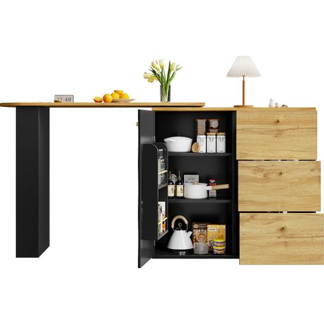 Bar table extensible 360° avec rangement, 138-204 x 39 x 104 cm, MDF noir, tiroirs et étagères pour cuisine, salon et home office - CHICFURN (1/5)