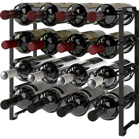 Stapelbares 4-stöckiges Flaschenregal für 16 Flaschen, Metall, 42,5 x 16,5 x 41 cm, schwarz