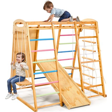 Aire de Jeux Intérieure en Bois 9-en-1, avec Barre de Singe, Balançoires, Toboggan, Échelle en Bois/Corde, Filet, Barre et Planche d’Escalade, Charge 113 kg, Structure de Jeux pour Enfants (1/5)
