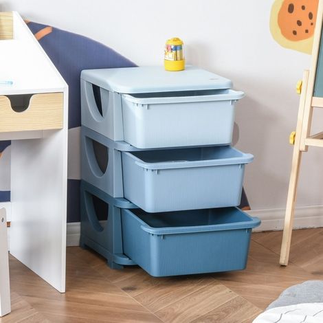 boîte de rangement enfant 37x37x56,5 cm bleu – 3 tiroirs, montage requis (1/5)