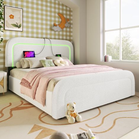 Lit double en tissu sherpa blanc 160x200 cm avec LED, USB-C et USB, 4 tiroirs, tête de lit réglable (1/5)